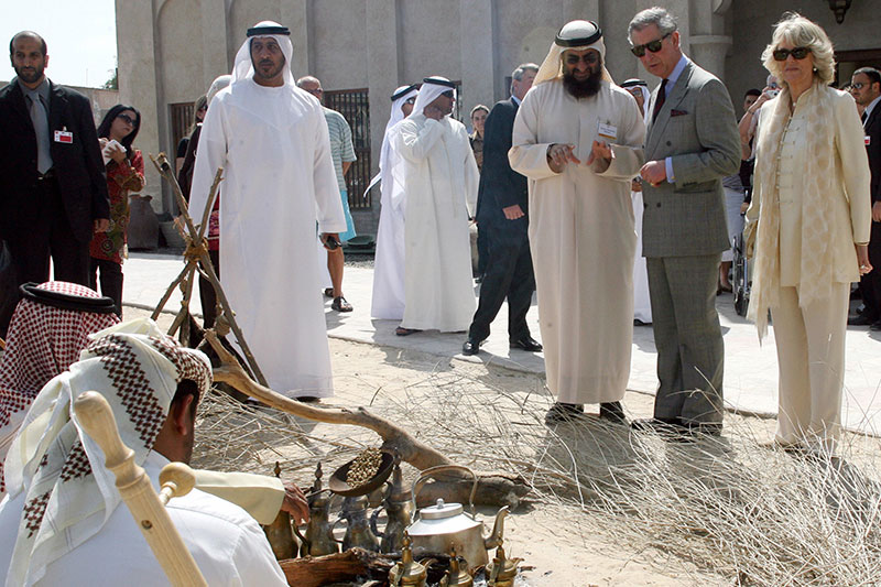 King Charles III and Camilla, Queen Consort of the United Kingdom visit Dubai's historical district of Bastakiah, 28 February 2007.