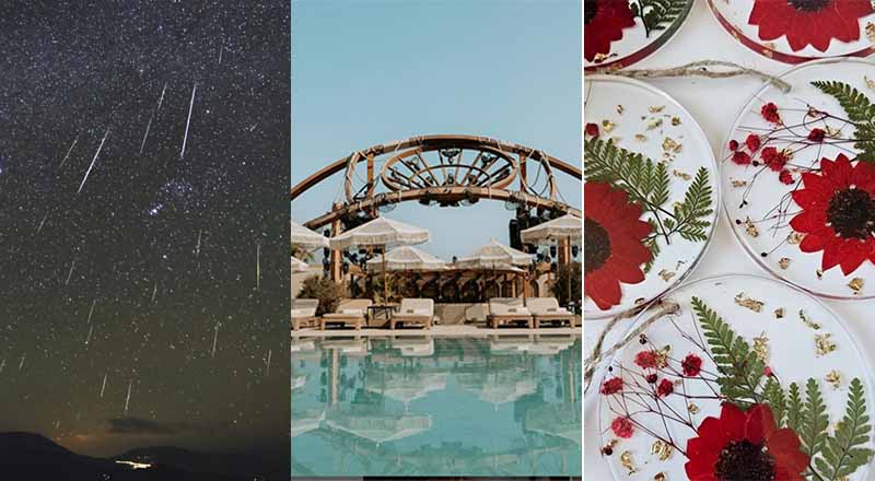 three cropped images together, one beach club, one night sky and one art pieces