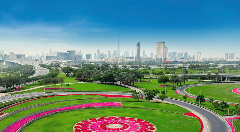 dubai skyline in distance with green area and gardens