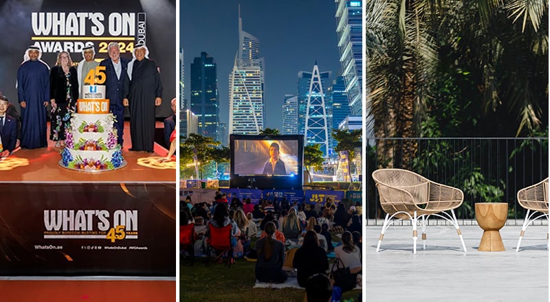 collage of three images, outdoor cinema with people sitting in front, awards ceremony and chairs on decking