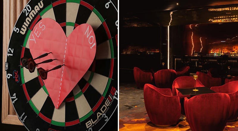 collage of two images, one dart board and one lounge bar with red chairs