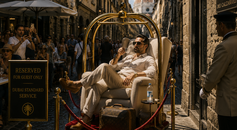 Social caption: Tiny hotel rooms? Freezing seas? Every sun lounger annexed before breakfast? It’s time to stop accepting holiday problems and start asking the only question that matters: how would Dubai-it?