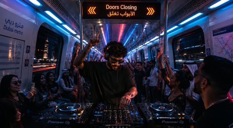 A DJ performs inside a Dubai Metro carriage transformed into a vibrant dancefloor, inspired by the city's iconic 'doors closing' announcement.