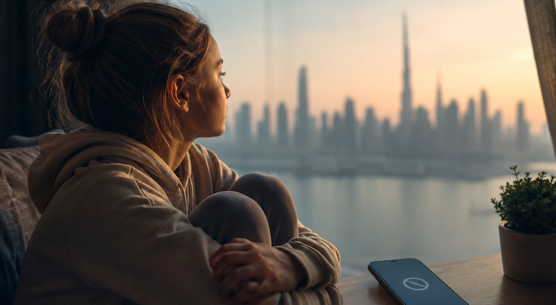 A teenager sits by a window with a smartphone switched off beside them, symbolising healthier digital habits ahead of the UAE's social media restrictions.